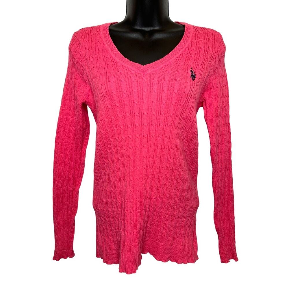 US Polo Association women’s vibrant hot pink Cable-Knit V-Neck Sweater size L